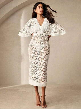 Anewsta Floral Crochet Long Sleeve Beach Cover Up Midi Beach Cover Up in